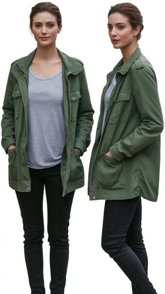 Forest Green Utility Jacket with Gray Tee and Black Jeans