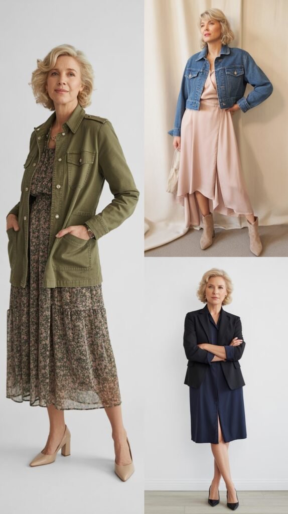 Utility Jacket with Feminine Dress