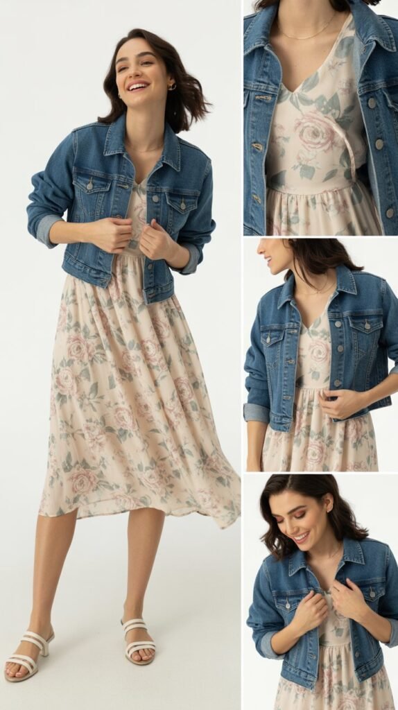 Floral Midi Dress with Denim Jacket