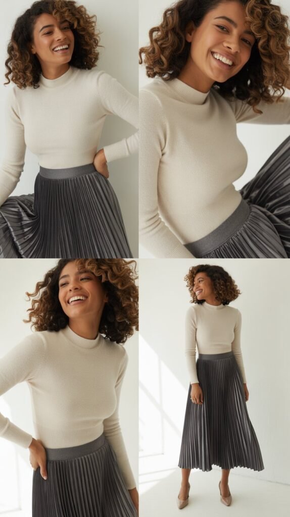  Pleated Midi Skirt with Fitted Sweater