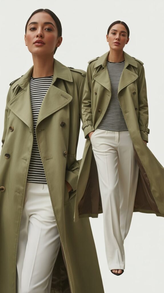 Olive Green Trench Coat with Striped Shirt and White Pants
