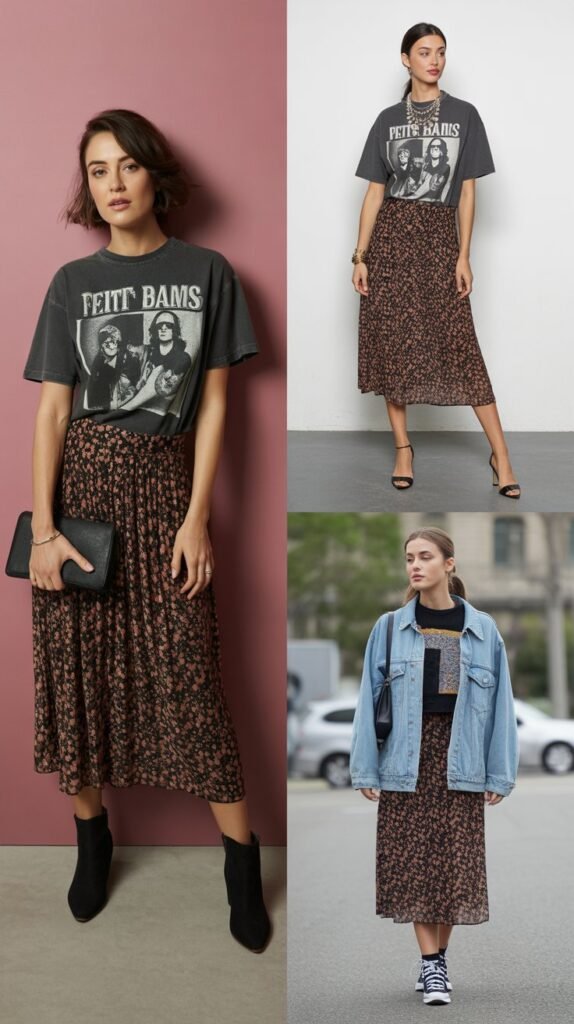 Graphic T-Shirt and Patterned Skirt