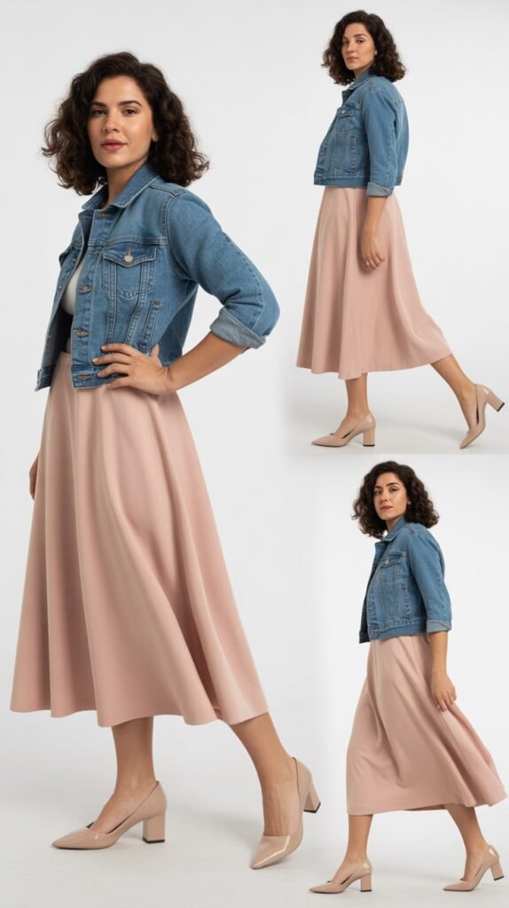  Blush Pink Midi Skirt with Denim Jacket