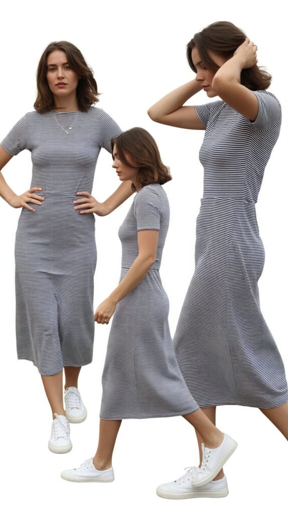  Striped Midi Dress With White Sneakers