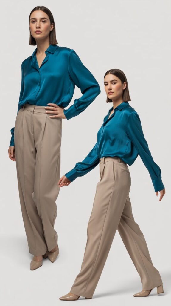 Teal Blouse with Beige Trousers