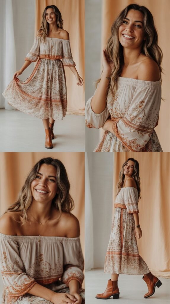 Off-Shoulder Boho Dress With Boots