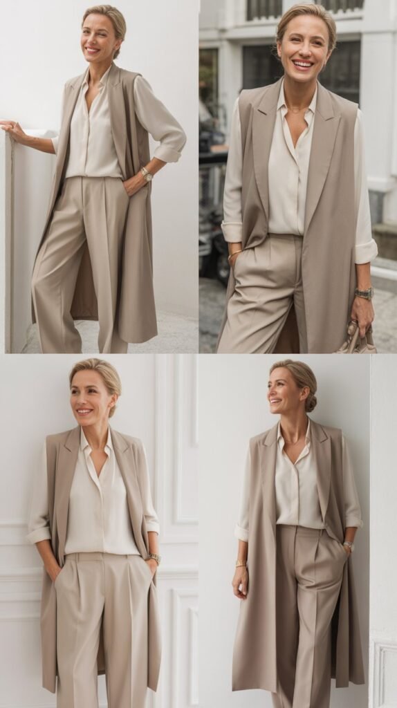 Layered Neutrals with Long Vest