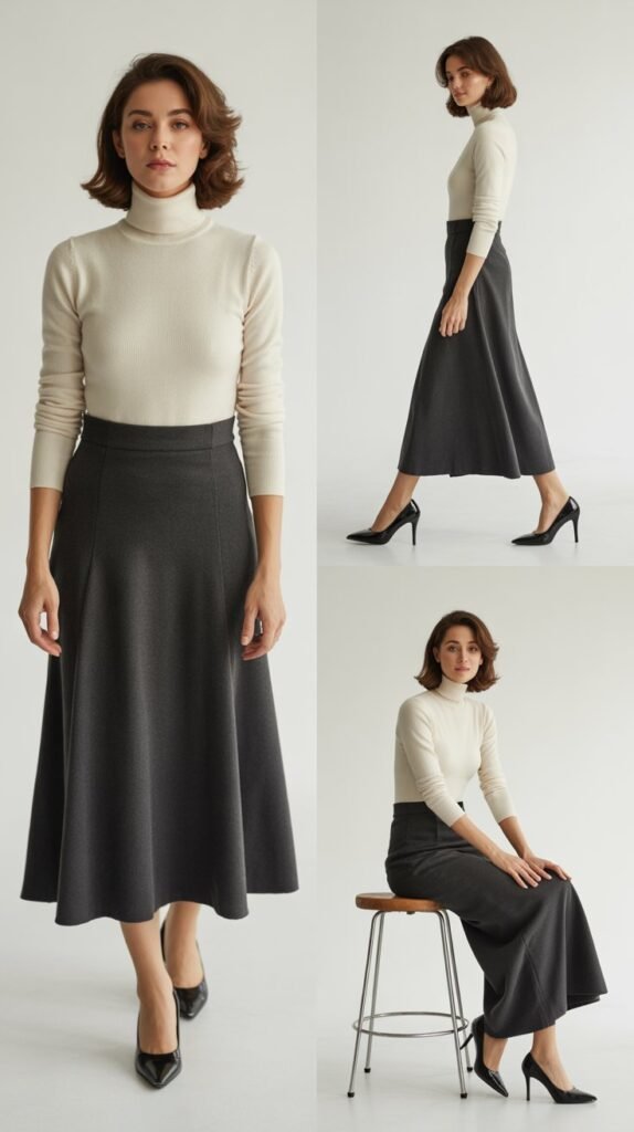 Gray A-Line Skirt with Turtleneck Sweater