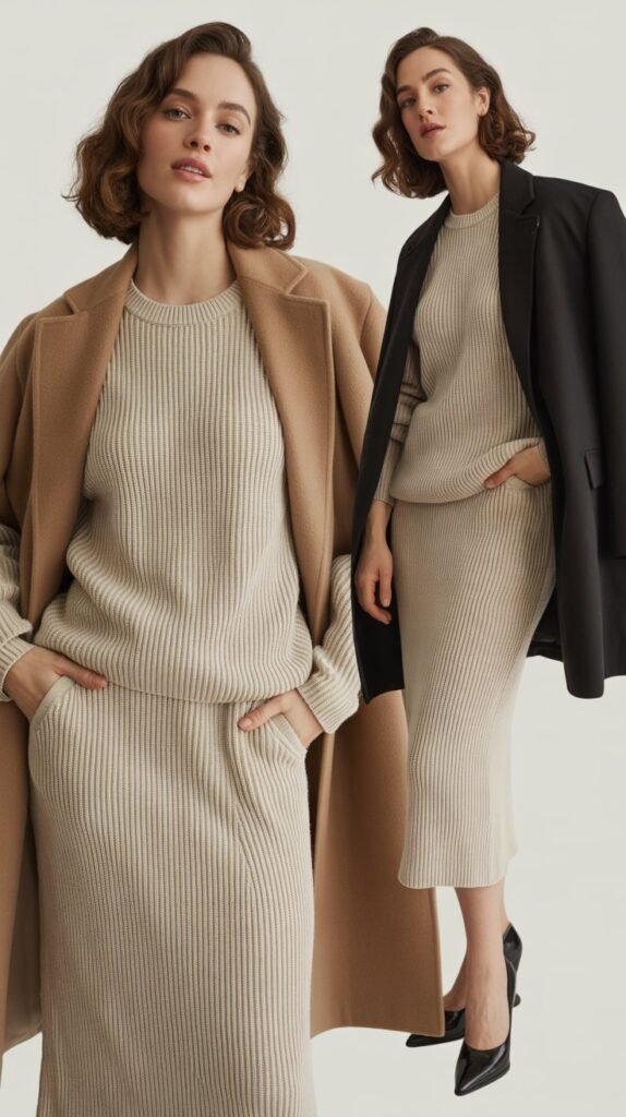 Matching Knit Set with Tailored Outerwear
