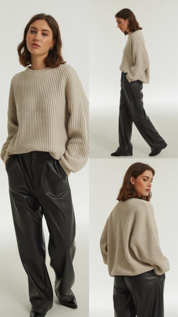 Faux Leather Pants with Chunky Knit