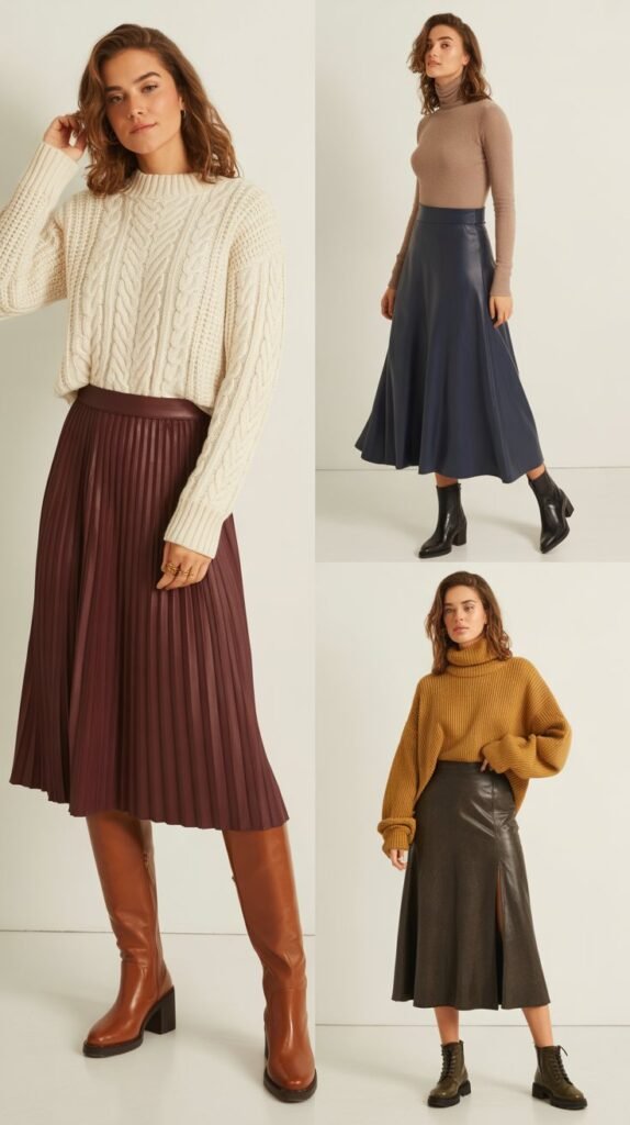 Midi Skirt with Sweater and Boots