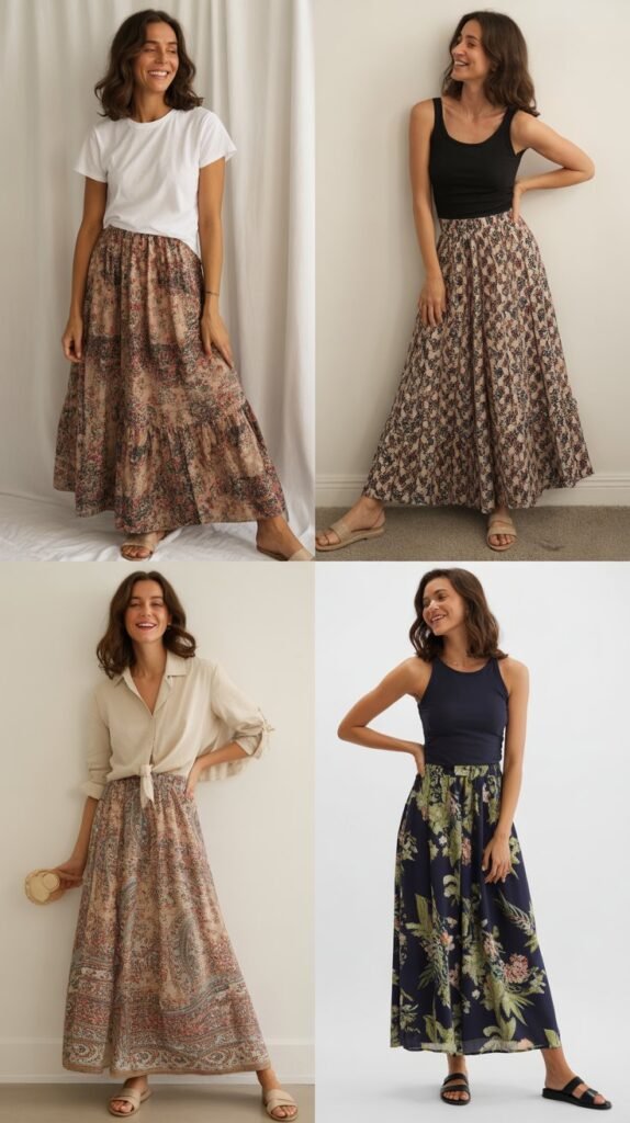 Printed Maxi Skirt with Simple Top