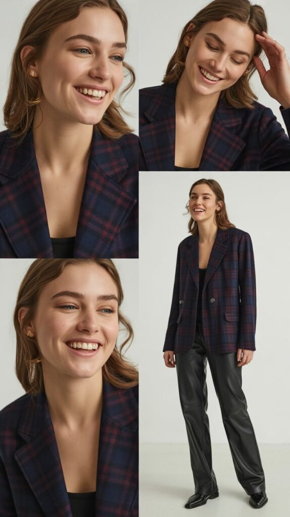 Plaid Blazer with Leather Pants