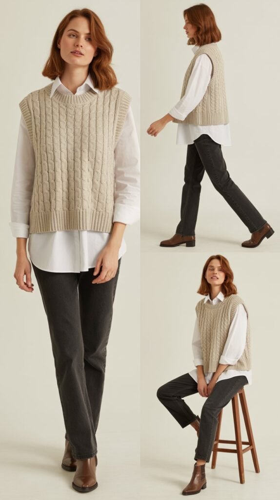  Knit Vest Over Long-Sleeve Shirt