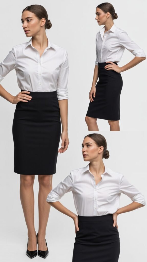 Classic Black Pencil Skirt with White Button-Down