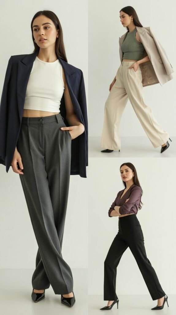 High-Waisted Trousers with Crop Top and Blazer