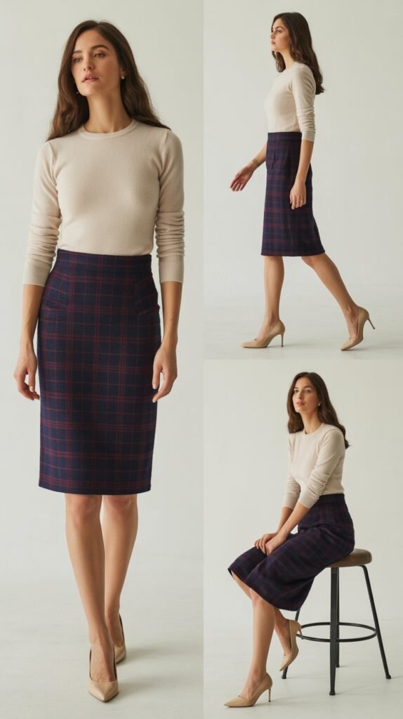  Plaid Pencil Skirt with Solid Sweater