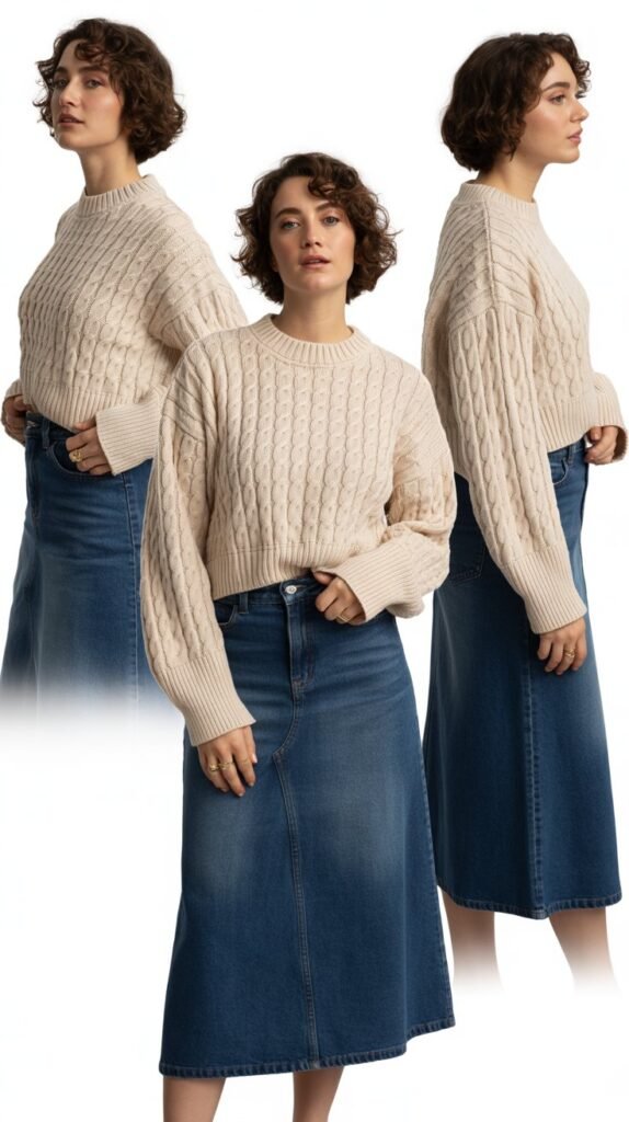 Knit Sweater with Denim Midi Skirt