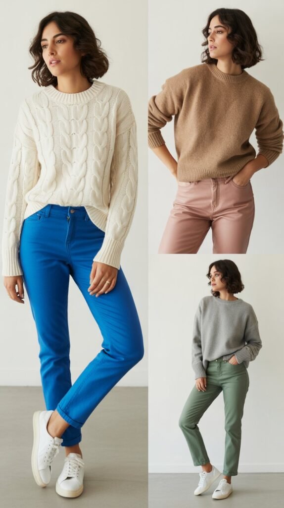  Colored Denim with Neutral Sweater and White Sneakers