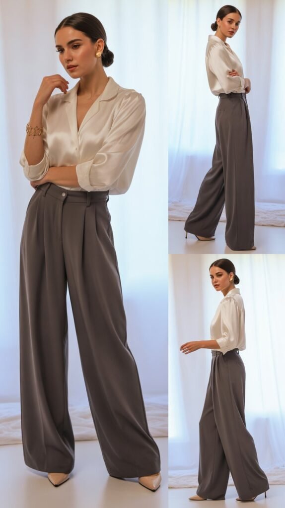 Wide-Leg Trousers with Silk Blouse