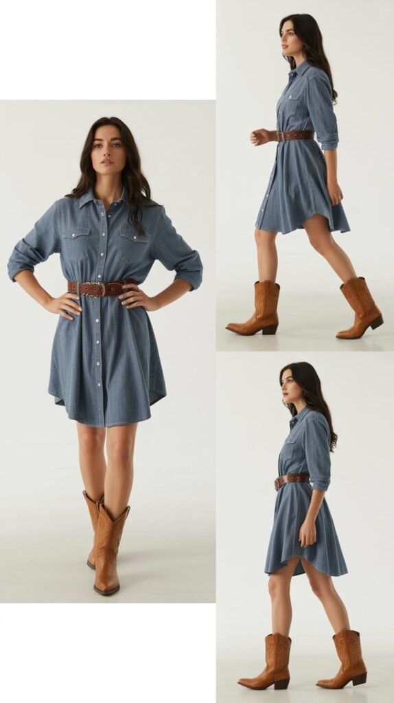 Western Shirt Dress with Belt and Boots