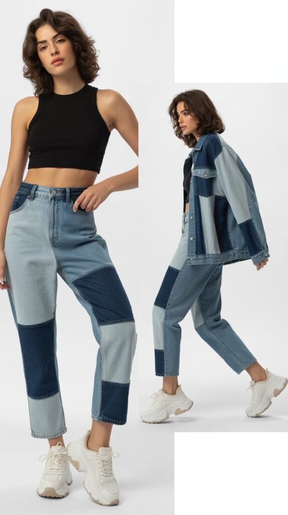 Patchwork Denim with Chunky Sneakers