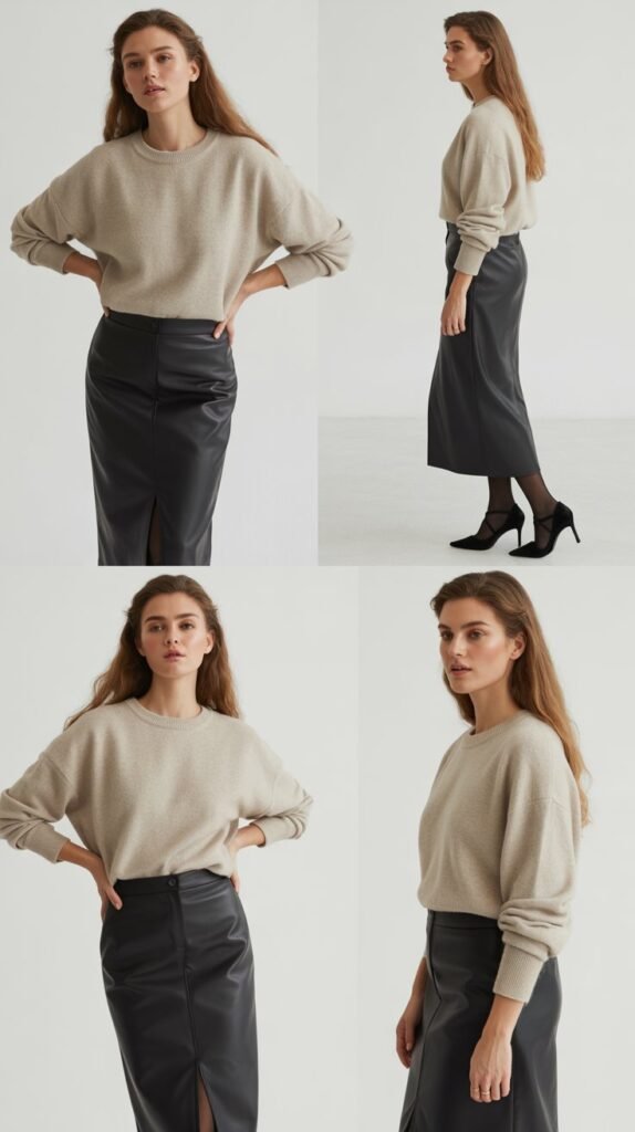 Leather Pencil Skirt with Cashmere Sweater