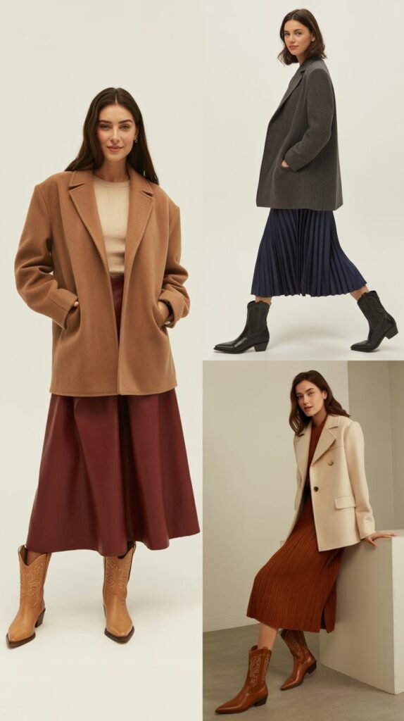 Wool Coat with Cowboy Boots and Midi Skirt