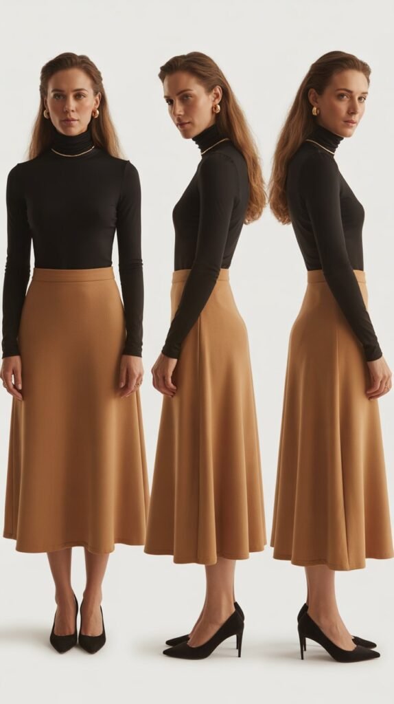 Camel Midi Skirt with Black Turtleneck