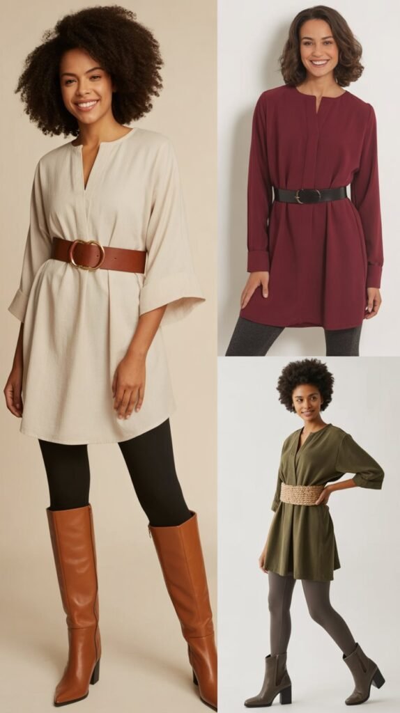 Belted Tunic with Leggings and Tall Boots