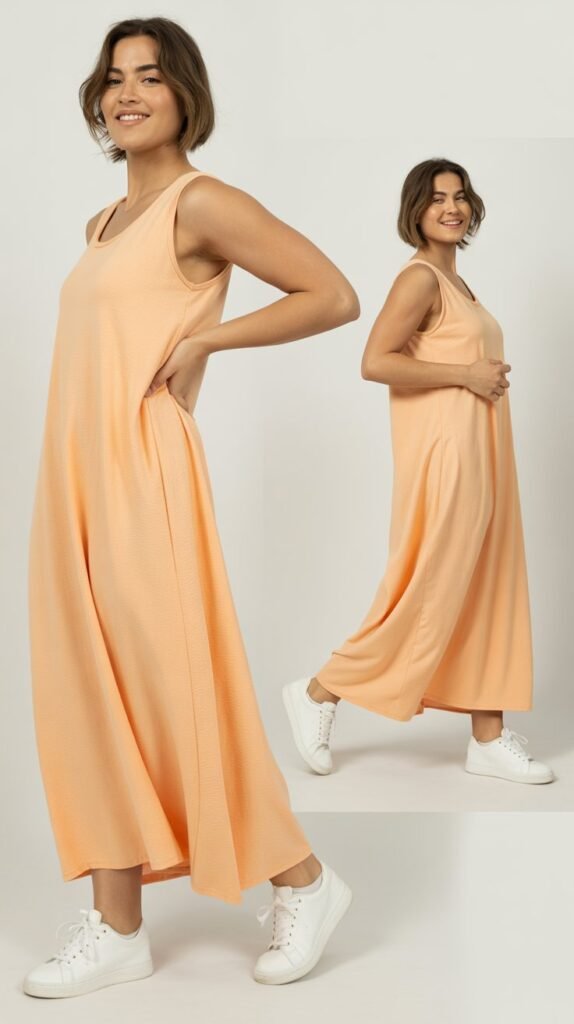 Apricot Maxi Dress with White Sneakers