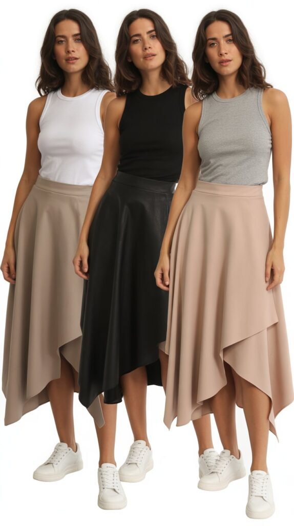 Asymmetrical Skirt with Simple Top and Modern Sneakers