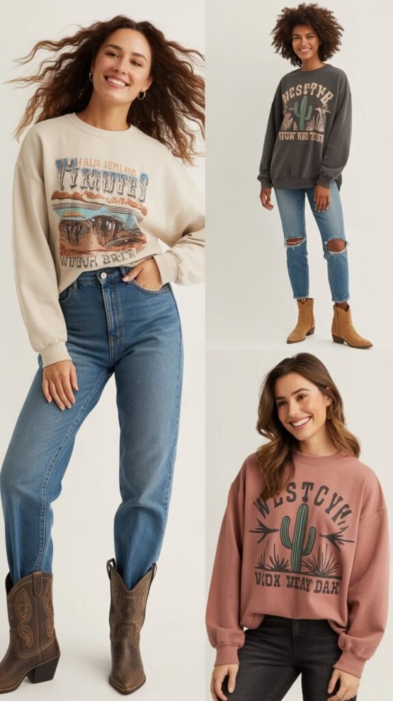  Western Graphic Sweatshirt with Jeans and Boots