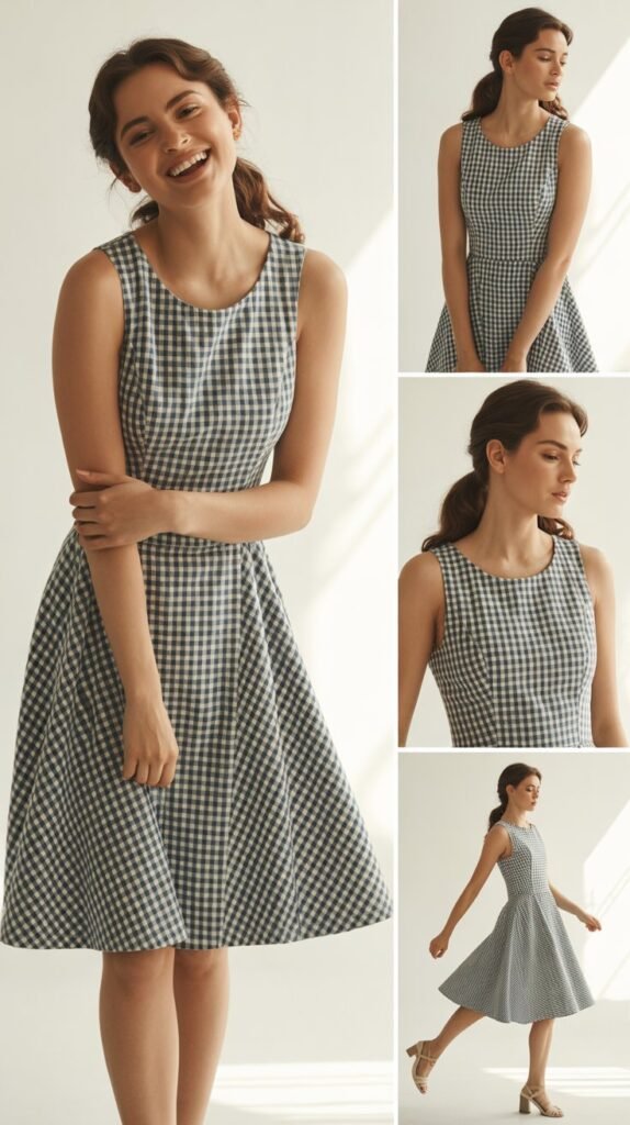  Gingham Print Fit-and-Flare Dress