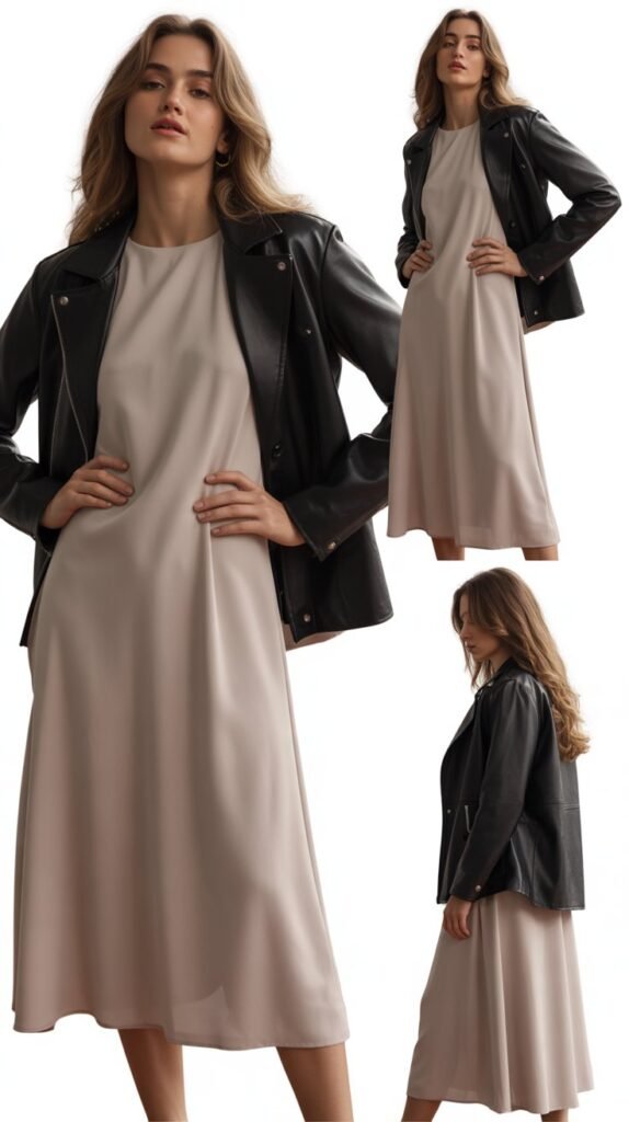 Midi Dress with Leather Jacket