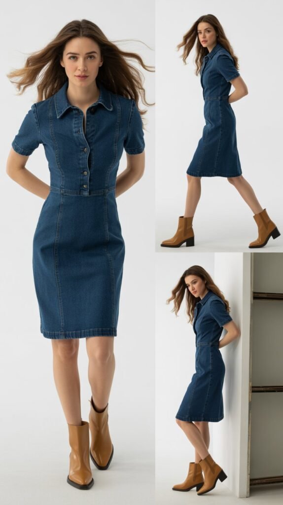 The Classic Denim Dress With Ankle Boots