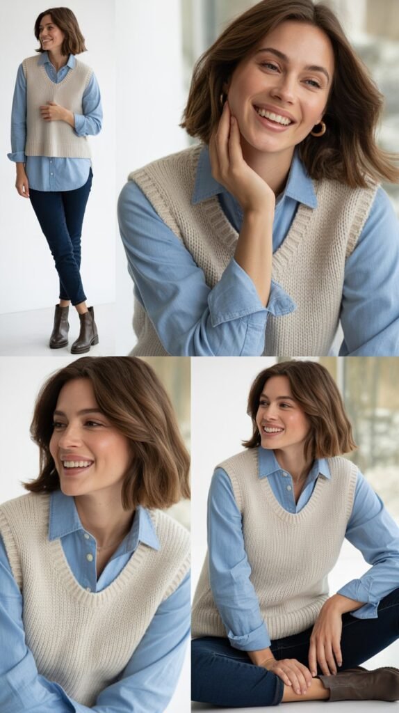 Chambray Shirt Layered Under Sweater Vest
