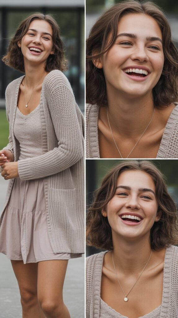 Shrug Cardigan over Camisole with Mini Skirt