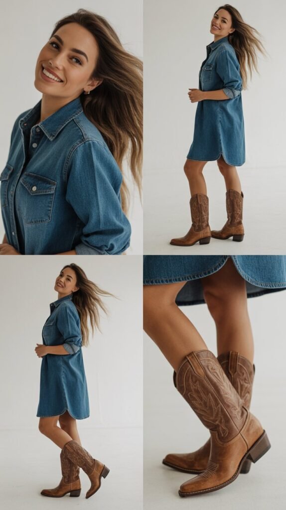 Classic Denim Shirt Dress With Cowboy Boots
