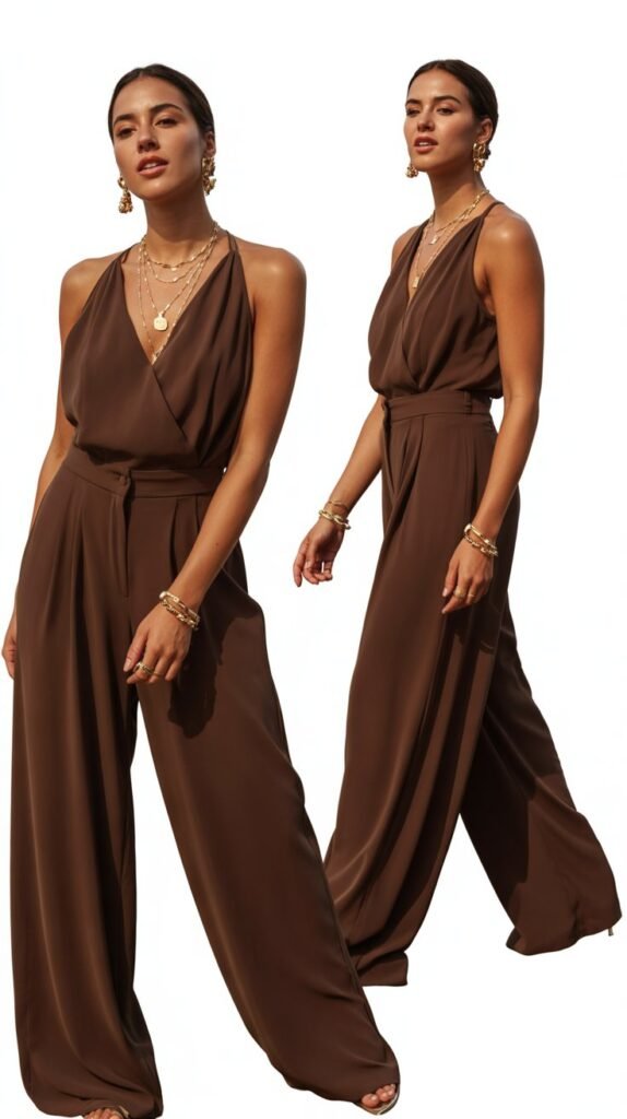 Chocolate Brown Jumpsuit with Gold Jewelry