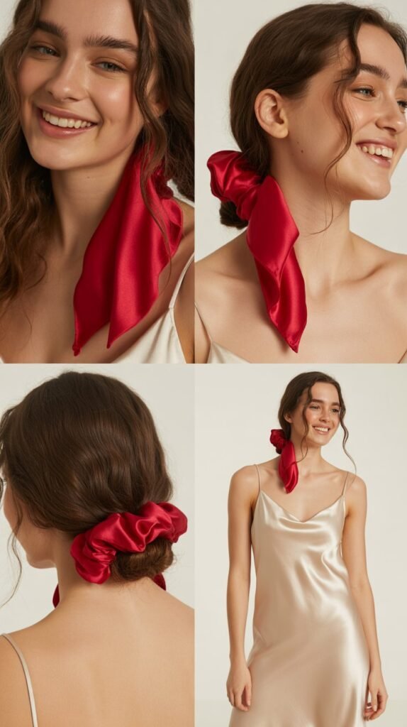 Red Silk Scrunchie with Slip Dress