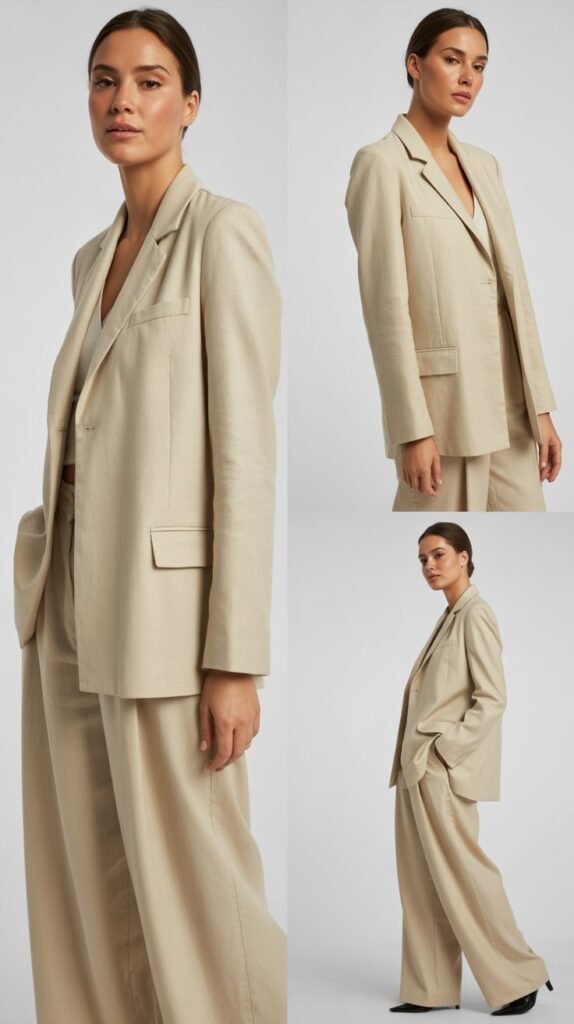 Classic Linen Blazer with Wide-Leg Trousers