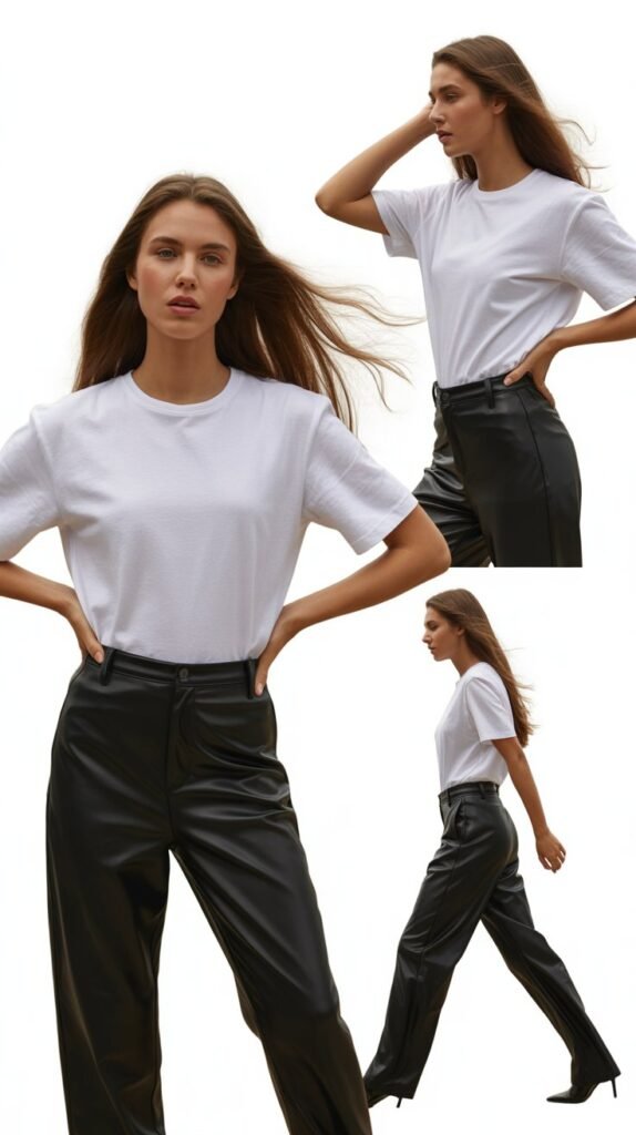 White Tee with Leather Pants