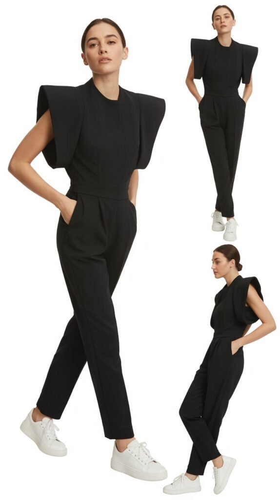 Jumpsuit with Structured Shoulders and Leather Sneakers