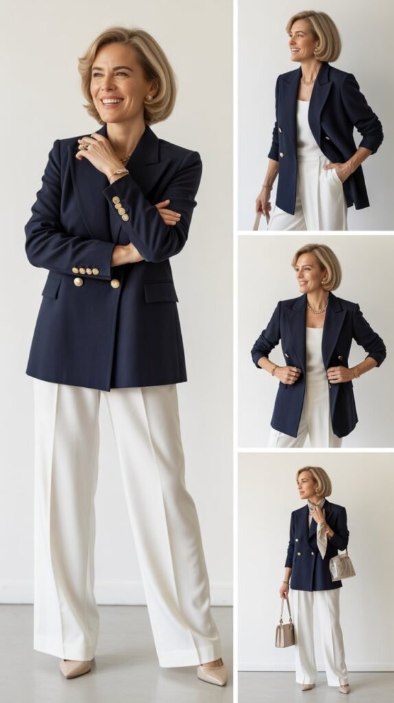 The Classic Navy Blazer and White Trousers Combination