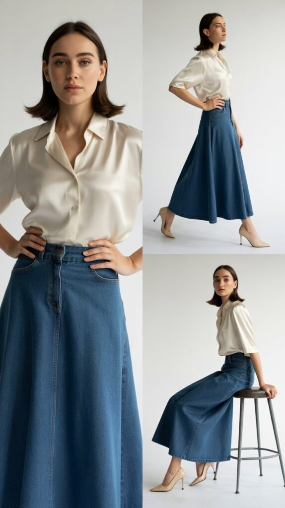 Denim Skirt with Silk Blouse