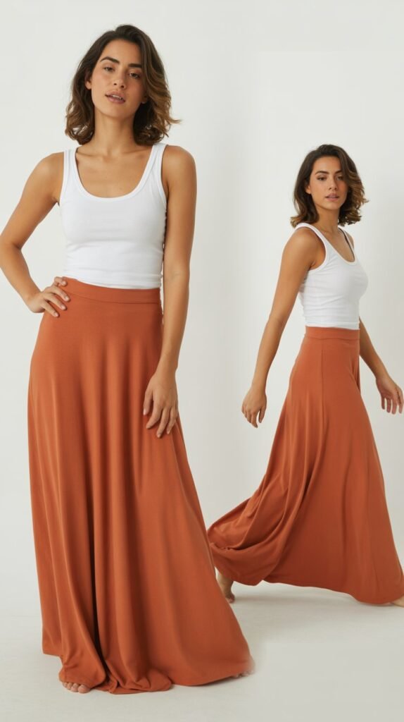Rust Orange Maxi Skirt with White Tank
