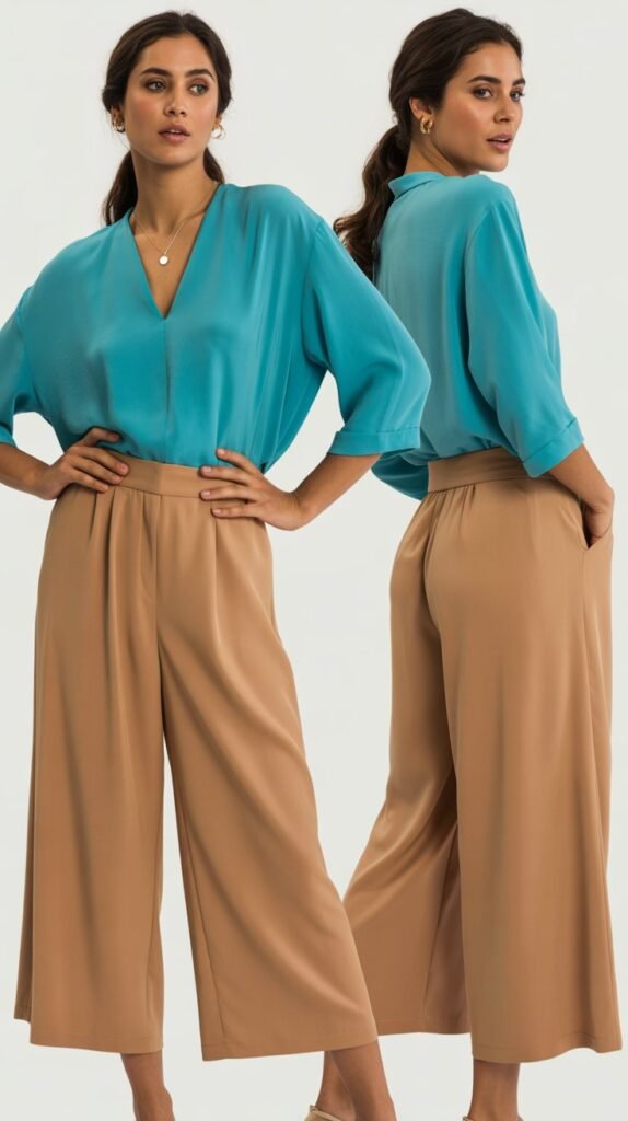 Turquoise Blouse with Camel Culottes