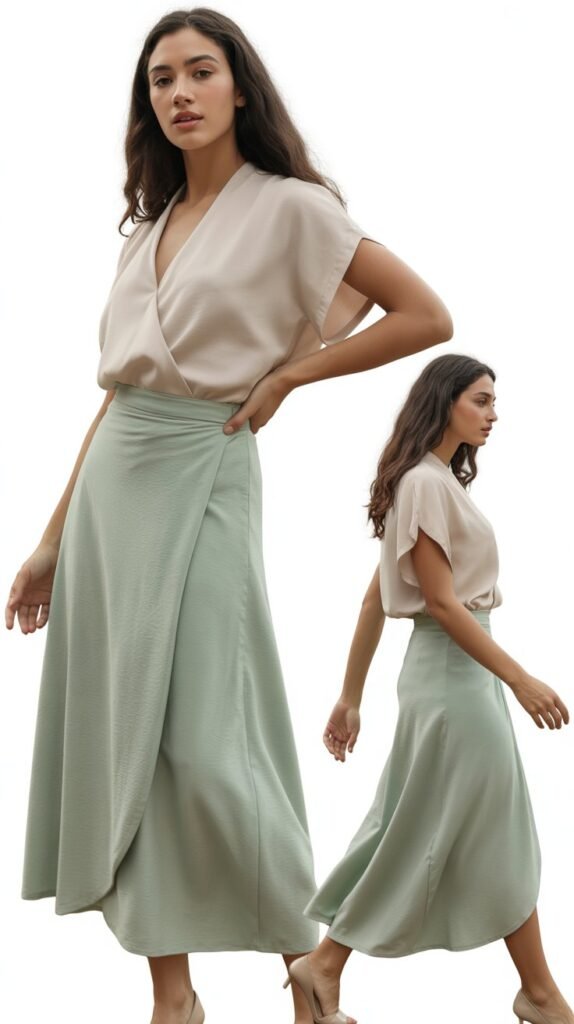 Mint Green Wrap Skirt with Beige Top