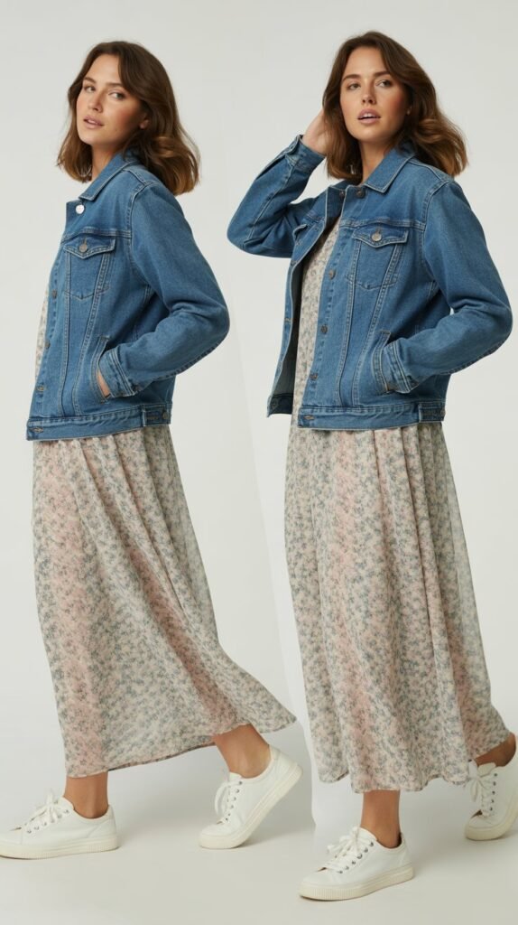 Maxi Dress with Denim Jacket and White Sneakers
